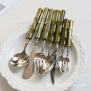 Shiny-Jh Stainless Steel Cutlery Set <b>Acrylic</b> Bamboo Handle 304 Steel <b>Mirror</b> Polished For Hotel Home Use - Product Image 3