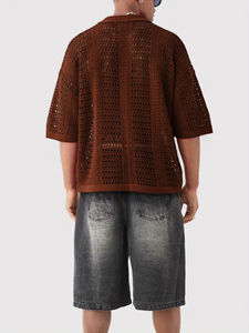 Polo en maille crochetée rouge pour homme, chemise décontractée à manches courtes et col en V ajouré, hauts noirs pour homme, vente en gros - Product Image 6