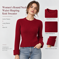 Pull-over en maille à col ras du cou et manches longues pour femme, couleur unie, taille cintrée, style minimaliste, collection automne, fabrication OEM/ODM, vente en gros