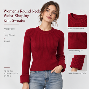 Pull-over en maille à col ras du cou et manches longues pour femme, couleur unie, taille cintrée, style minimaliste, collection automne, fabrication OEM/ODM, vente en gros - Product Image 2