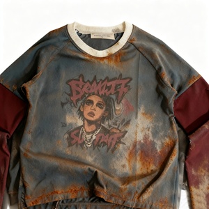 Custom Men's Wear Distressed Vintage Long Sleeve T-Shirt Grunge Punk Style <strong>Rust</strong> Effect Graphic Print Oversized Raglan Tee <strong>Tops</strong> - Product Image 2