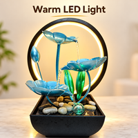Fontaine d'eau de table en métal bleu lotus avec cascade et anneau LED chaud, alimentée par USB, pour la décoration de la maison, du bureau ou de la table