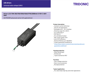 Tridonics 28002154 Hasta 92% eficiencia 350MA 0-10V IP67 5 años de garantía Controlador Led 75W - Product Image 2