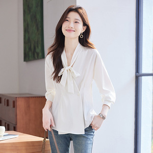 Women's Bow <b>Tie</b> Shirt Top Black Solid Color Satin Wrap And <b>Tie</b> Office Wear Spring Autumn 2025 Fashionable Blouse Long Sleeve - Product Image 3