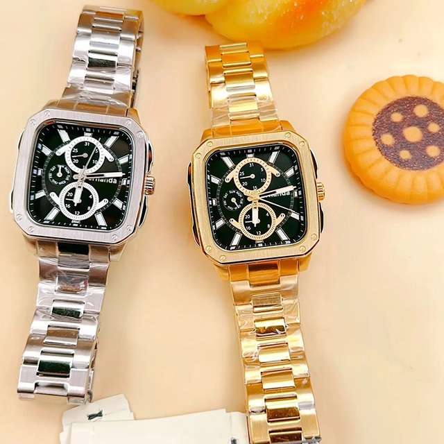 Classic FS Men Quartz Movement Business Style Multifunctional Square Crystal Pointer Stainless Steel Leather Strap Watch BQ2656