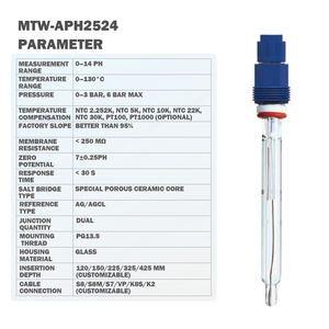 MTW-APH2524อิเล็กโทรดแก้วทนความร้อนสูง (0-14 PH) สามารถปรับความชัดได้สำหรับอุตสาหกรรมอาหารเภสัชกรรม - Product Image 4