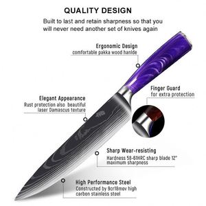 Juego de Cuchillos de Cocina Multifuncionales de Acero de Damasco al por Mayor con Mango de Resina Morada y Hojas con Patrón Láser, Cuchillos de Carnicero - Product Image 2