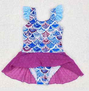Little Girls One Piece Swimsuit Mermaid Scale Print Ruffle Shoulder Mesh Skirted Breathable Nylon/Cotton - Product Image 3