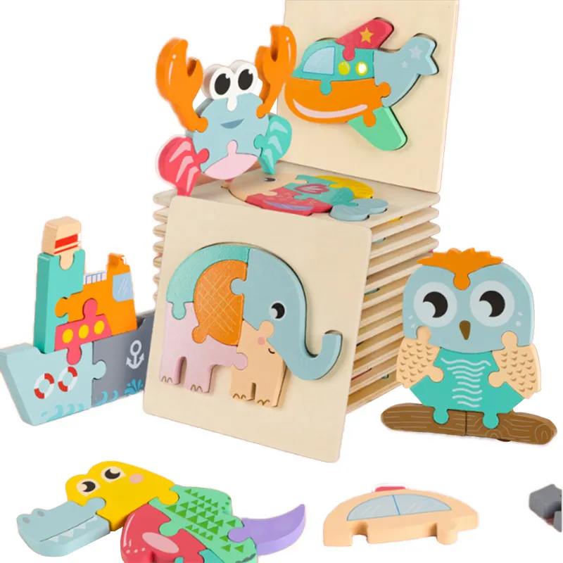 Amazon Hot Sale Entertainment pretend cat house wooden clock toys 3D Wooden puzzles toys for kids