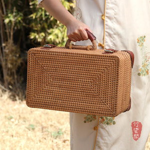Handmade Rattan Tea <b>Storage</b> Box Rectangle With Handles Portable Outdoor Use - Product Image 2
