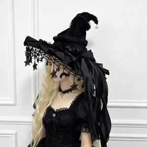 Sombrero de Bruja para Halloween, Gorro de Mago con Adornos de Estrellas de Encaje y Lazo Grande - Product Image 6