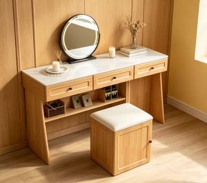 Premium Oak White Top Dressing Table Round <b>LED</b> <b>Mirror</b> Triple Drawer Open Compartment <b>Makeup</b> Vanity With Storage Stool - Product Image 4