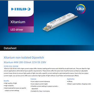 ไดรเวอร์ LED กระแสคงที่ Xitanium 44W 200-350mA 125V DS 230V AC-DC  แบบไม่แยกวงจร  ตัวเรือนพลาสติก  ควบคุมด้วยดิปสวิตช์  รับประกัน 5 ปี - Product Image 2