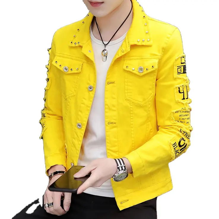 Men's Denim Jackets 2021 Trendy rivets Ripped Denim Bomber yellow Coats Mens Casual social streetwear hip pop students clothing