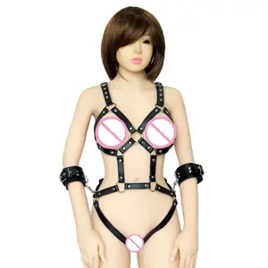 PU Leather Open Bra Female Body Bondage Suit with Handcuffs Adult SM Sex Game Toy for Couples