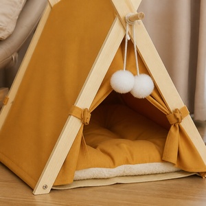 Tente <span class=keywords><strong>tipi</strong></span> pour chat en bois, structure en bois naturel, housse en toile lavable, coussin en peluche, pompons, <span class=keywords><strong>lit</strong></span> pour chat d'intérieur, chatons - Product Image 3