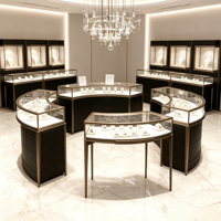 Ensemble de vitrine à bijoux incurvée, cadre en métal or champagne, dessus en verre trempé, base de rangement noire, éclairage LED, îlot à bijoux complet