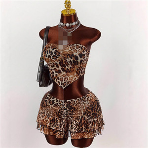 Leopard See Through 2-Piece Set Women Sexy Summer Strapless Tops and <strong>Skirt</strong> Matching Sexy Midnight Skinny <strong>Stretch</strong> Outfits - Product Image 2