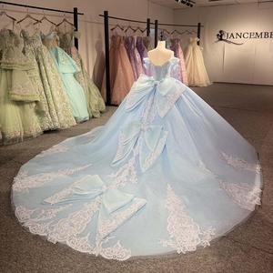 Dy1595 Superbe robe de bal bleu glace avec appliques en dentelle et détail d'épaule plissé Jancember - Product Image 4