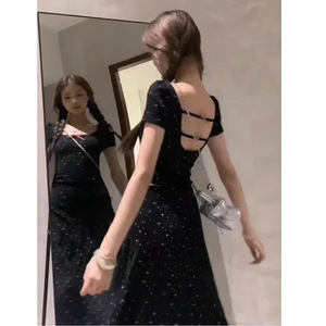 Petite Women Summer Backless Floral Dress Mid Length Natural Waistline Breathable Evening Dress - Product Image 1