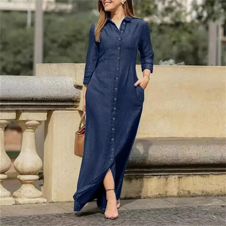 Amazon Hot Sale 5Xl Women'S Casual Denim Lapel Buckle Vintage Long Shirt Plus Size Denim Dress
