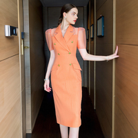 ZYHT 50927 Robes de soirée en gros, patchwork en maille, été, élégantes, orange, professionnelles, robes de bureau pour femmes