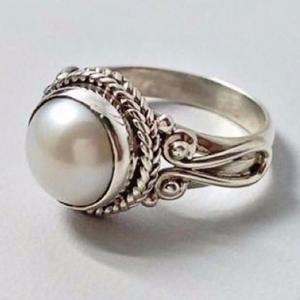 T0851 <b>Pearl</b> <b>Ring</b> 925 Silver Round White AAA Cocktail Wedding Bezel Setting Women's - Product Image 1