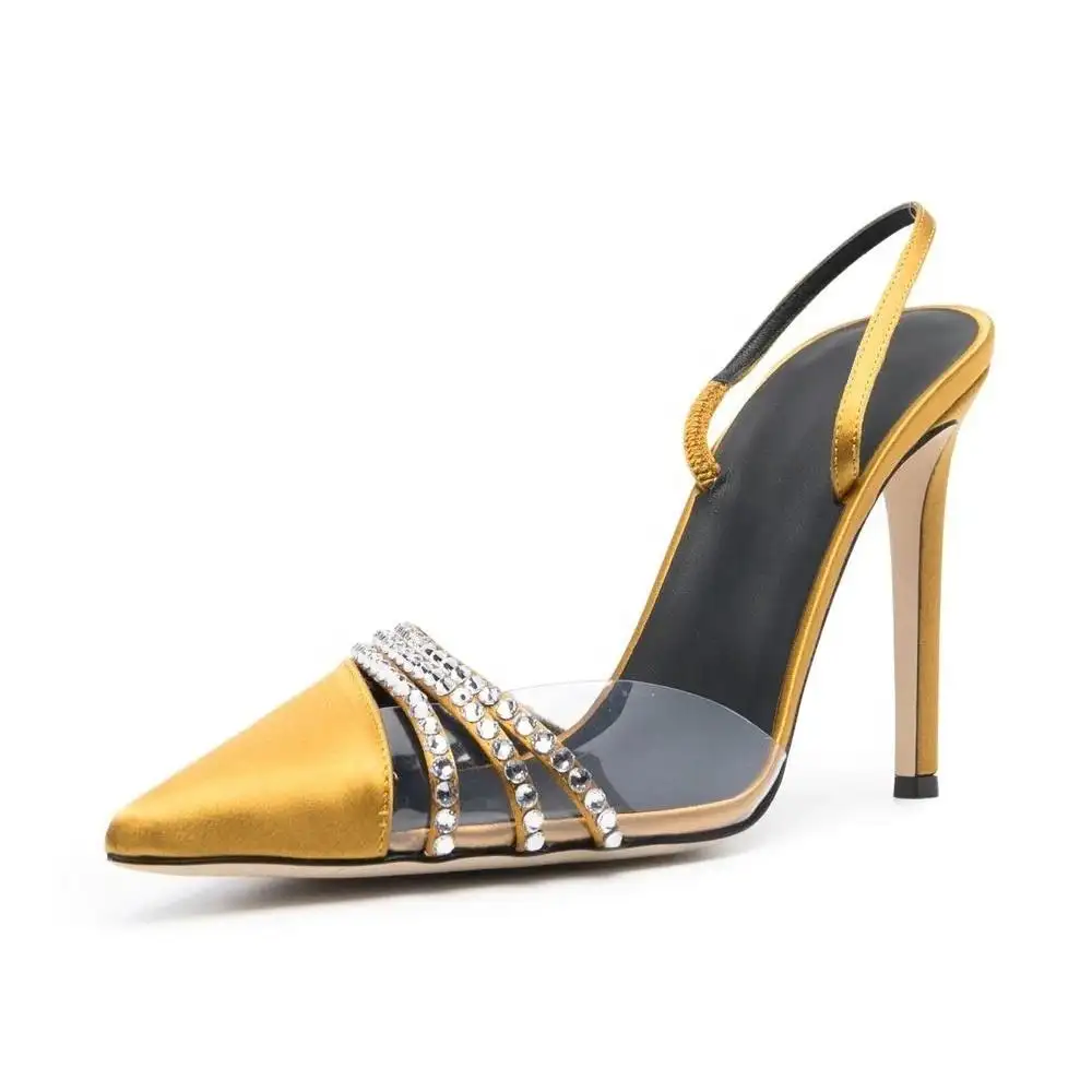 Custom Yellow Satin Clear PVC Crystal Strappy Slingback Pointed Toe Stiletto Heel Ladies Pumps High Heels Shoes for Women