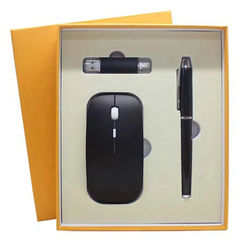 Well-Sold 3-in-1 Wireless Mouse Gift Set Business Corporate Box with USB Stick Customized Logo USB Drive and Pen