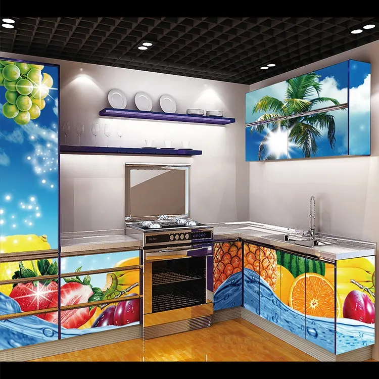 Китайский производитель, простой 3D дизайн для домашней кухонной мебели с закаленным стеклом, кухонный шкаф