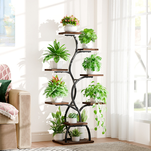 Support de plantes en spirale DNA avec 3 lampes LED à spectre complet, étagère de présentation en bois et métal à 8 niveaux et 12 pots pour salon - Product Image 1