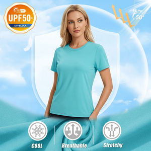 Camiseta de Manga Corta para Mujer, Color Azul Claro, Cuello Redondo, 100% Poliéster, Secado Rápido, Tejido de Punto, Corte Casual, para Primavera/Verano, Bangladesh, 180g - Product Image 5