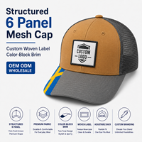 Casquette Trucker personnalisée style 112 structurée à 6 panneaux en maille avec visière color block et logo patch en cuir – Vente en gros