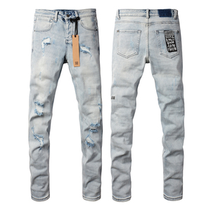 Jeans Americani di Alta Qualità Skinny Straight in Denim Nero Slim Fit di Marca alla Moda con Effetto Usurato e Strappi per Uomo - Product Image 1