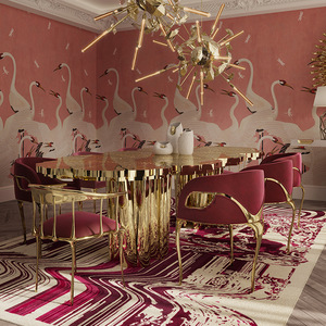 Sang Trọng Đồ Nội Thất Phòng Ăn Đặt Hiện Đại Ý Thép Không Gỉ Vàng Bàn Ăn Với 8 Ghế Lá Hình Dạng Bảng Cho Biệt Thự - Product Image 2