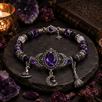 Bracelet gothique pour femme, cadeau d'Halloween, bracelet en améthyste naturelle avec pendentif étoile de sorcière, lune et balai magique