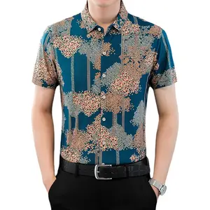 Spot printed thin short sleeve shirt men's shirt milk silk blue shirt