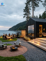 Cabane de glamping modulaire noire en forme de A, petite maison préfabriquée en bois avec grande fenêtre vitrée, villa de vacances préfabriquée pour station balnéaire