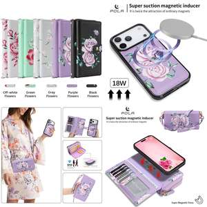 Funda Cartera de Cuero Pola con Estampado Floral para iPhone, con Anillo de Soporte, Protección 360, Cierre Magnético, Diseño Rosa Verde - Product Image 2