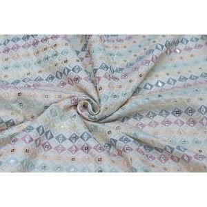 Triloki Geometric Embroidered Rayon <b>Fabric</b> Multicolor1 Medium <b>Weight</b> Brocade For Sari Apparel By The Yard - Product Image 1