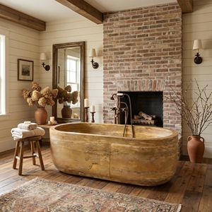 Baignoires ovales modernes sur mesure de luxe en travertin doré/jaune exclusif, autoportantes, pour salle de bain, villa, hôtel, maison - Product Image 4