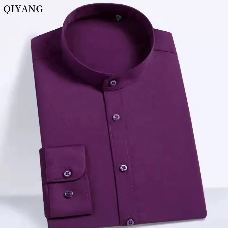 Высококачественная индивидуальная CVC ткань Мужская модная фиолетовая с длинным рукавом итальянская тонкая рубашка с воротником-стойкой