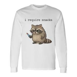 Camiseta de manga larga con estampado digital de mapache 'I Require Snacks', unisex para adultos, cuello redondo, promocional - Product Image 1