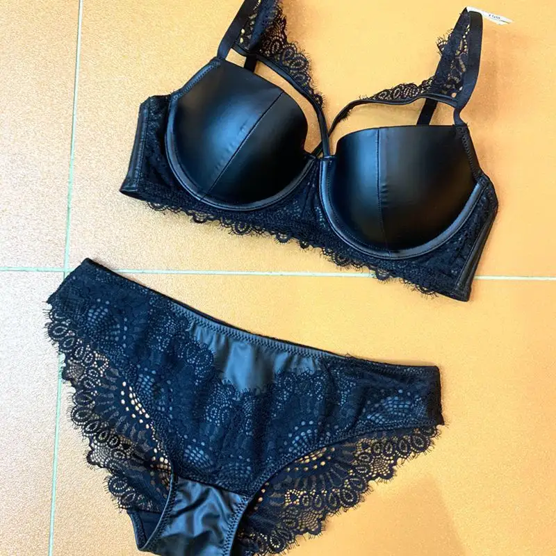 Set Bra Kulit Pu Seksi Eropa dan Amerika, Set Lingerie Lingerie Renda Berkumpul Sepeda Motor Gadis Klub Malam Kulit Pu Mengkilap Seksi Eropa dan Amerika Baru