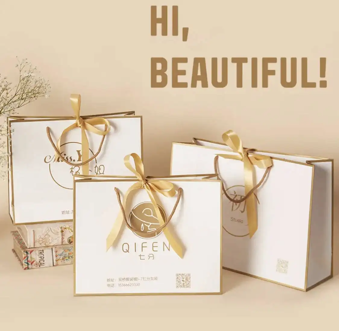 Wholesale Custom Luxury Kraft Paper Bags with Bow Handles Recyclable for Jewelry Clothing Shopping Craft Packaging Your Own Logo