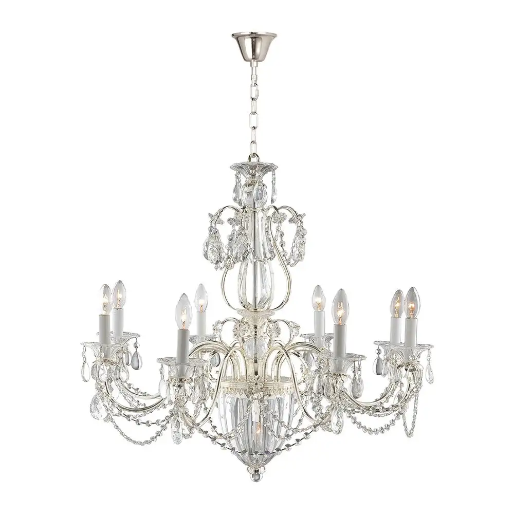 Classic Wrought Iron 8 Arms Fancy Metal Crown Clear Crystal Glass Decoration Silver Chandelier