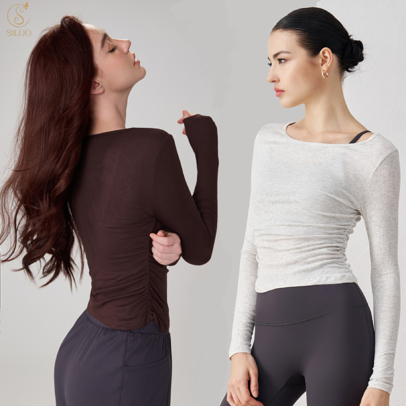 SILUO Recyclable Natural Modal Ribbed Autumn Nude Yoga Top Pleated Slim Neck Long Sleeve Fitness Clothing Breathable Quick Dry