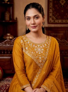 Ensemble de costume brodé en soie Vichitra de qualité supérieure avec Kurti, pantalon assorti et dupatta de 2,2 mètres pour occasions festives, en vente - Product Image 3