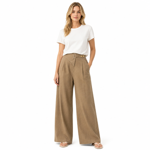 <span class=keywords><strong>Pantaloni</strong></span> Larghi da <span class=keywords><strong>Donna</strong></span> Marrone Cammello a Vita Alta con Doppio Bottone e Cintura, Pieghe Frontali, Casual, Vendita all'Ingrosso, OEM ODM, Produzione in Fabbrica - Product Image 1