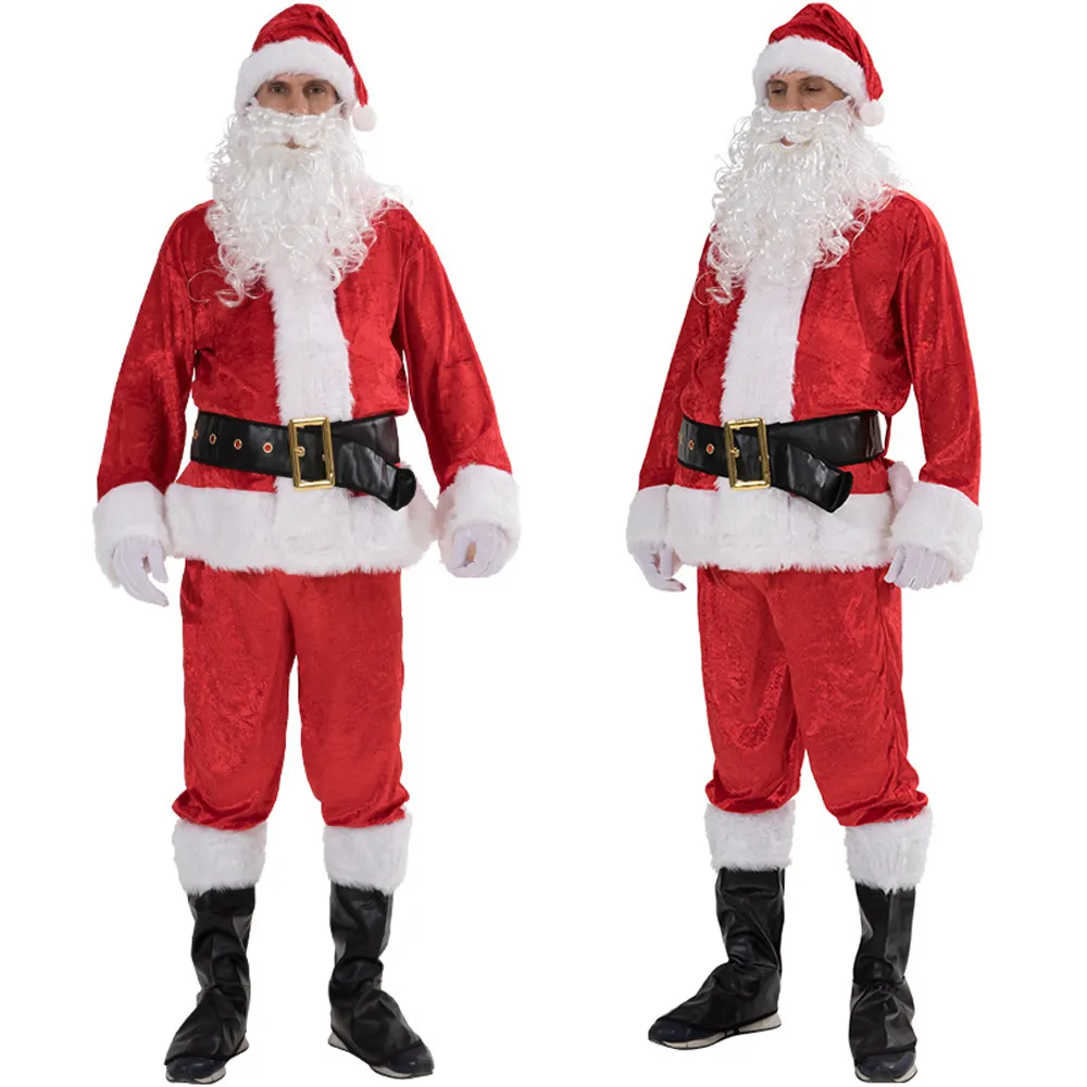 Adult Santa Claus Costume Suit Plush Father Fancy Clothes Xmas Cosplay Props Men Coat Pants Beard Belt Hat Christmas Set